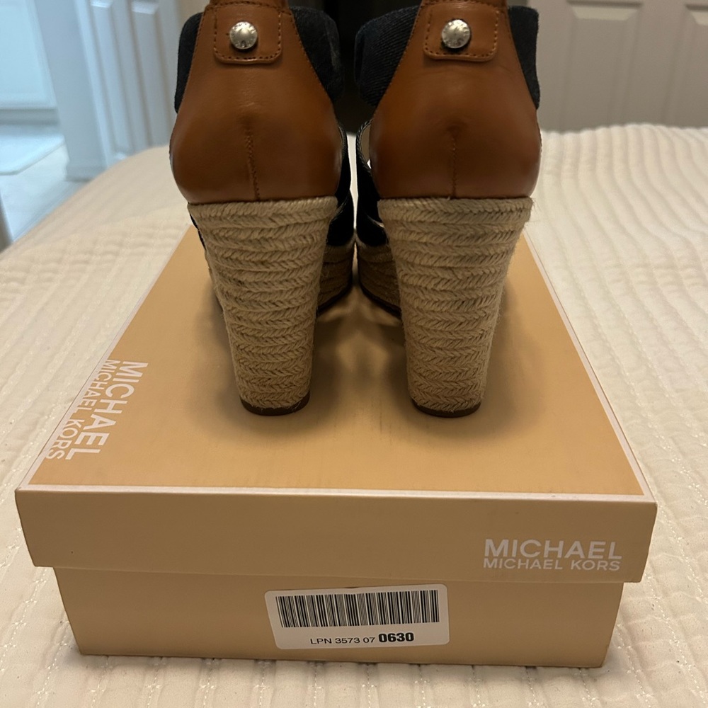 Michael Kors Tan and Navy Denim Wedge Sandals - Picture 6 of 6